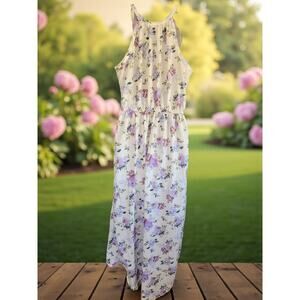 Indulge Wht/Purple Floral Dress Sleeveless Hi Low Asymmetrical hem Sz M